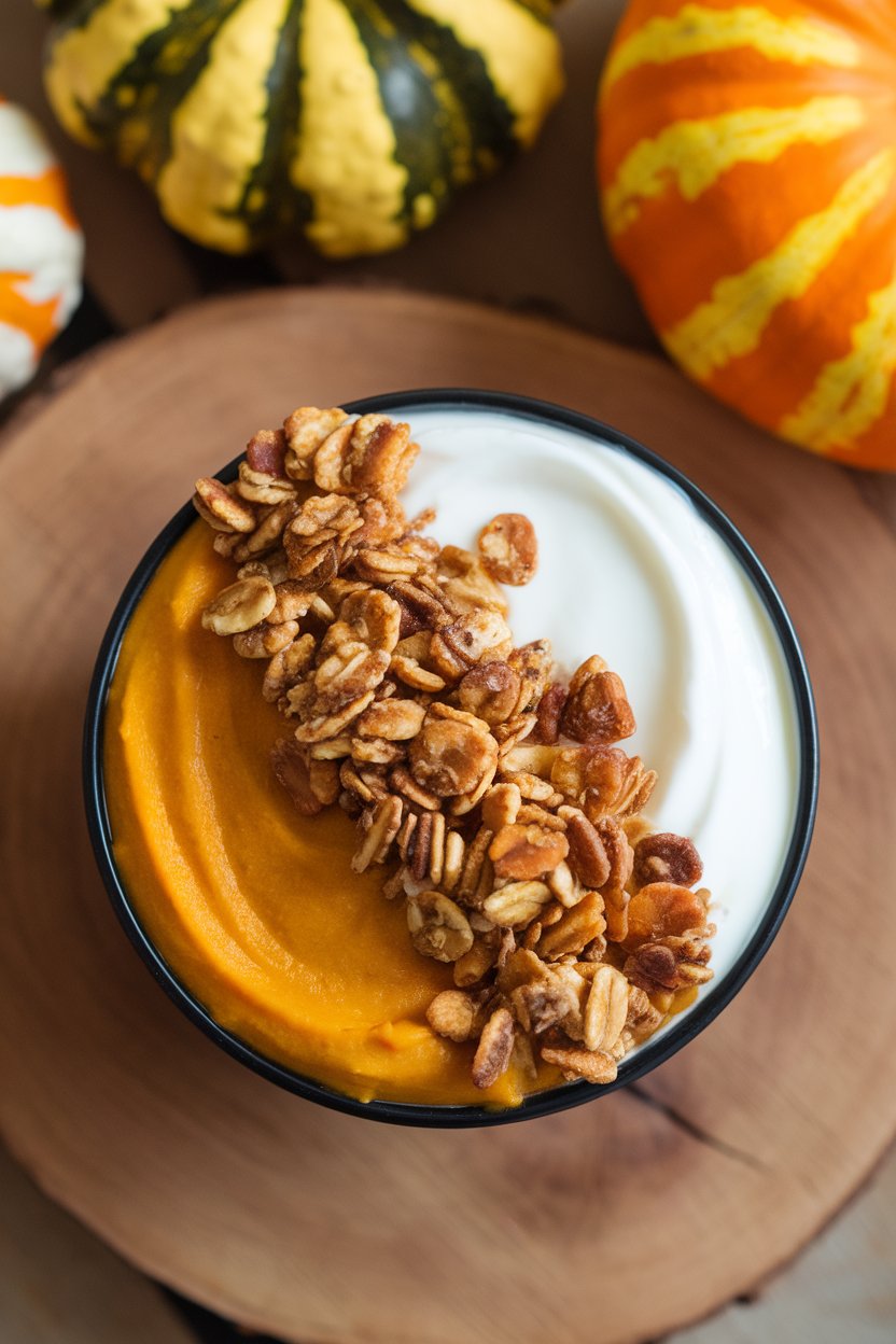 Indoor photo of a bowl of soy yogurt layered with pumpkin puree and crunchy granola on top, overhead shot, no text or logos