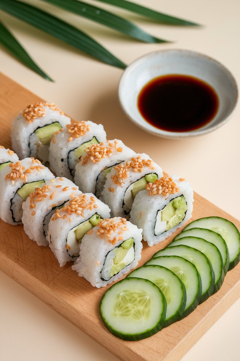 An indoor sushi board displaying sliced cucumber and avocado rolls with sesame seeds on top, soy sauce bowl nearby. No text or branding. Photo.