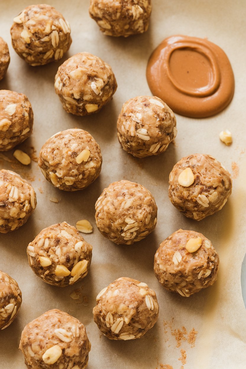 Indoor photo of round oat-and-nut energy balls arranged on parchment paper, a drizzle of nut butter nearby, no text or logos
