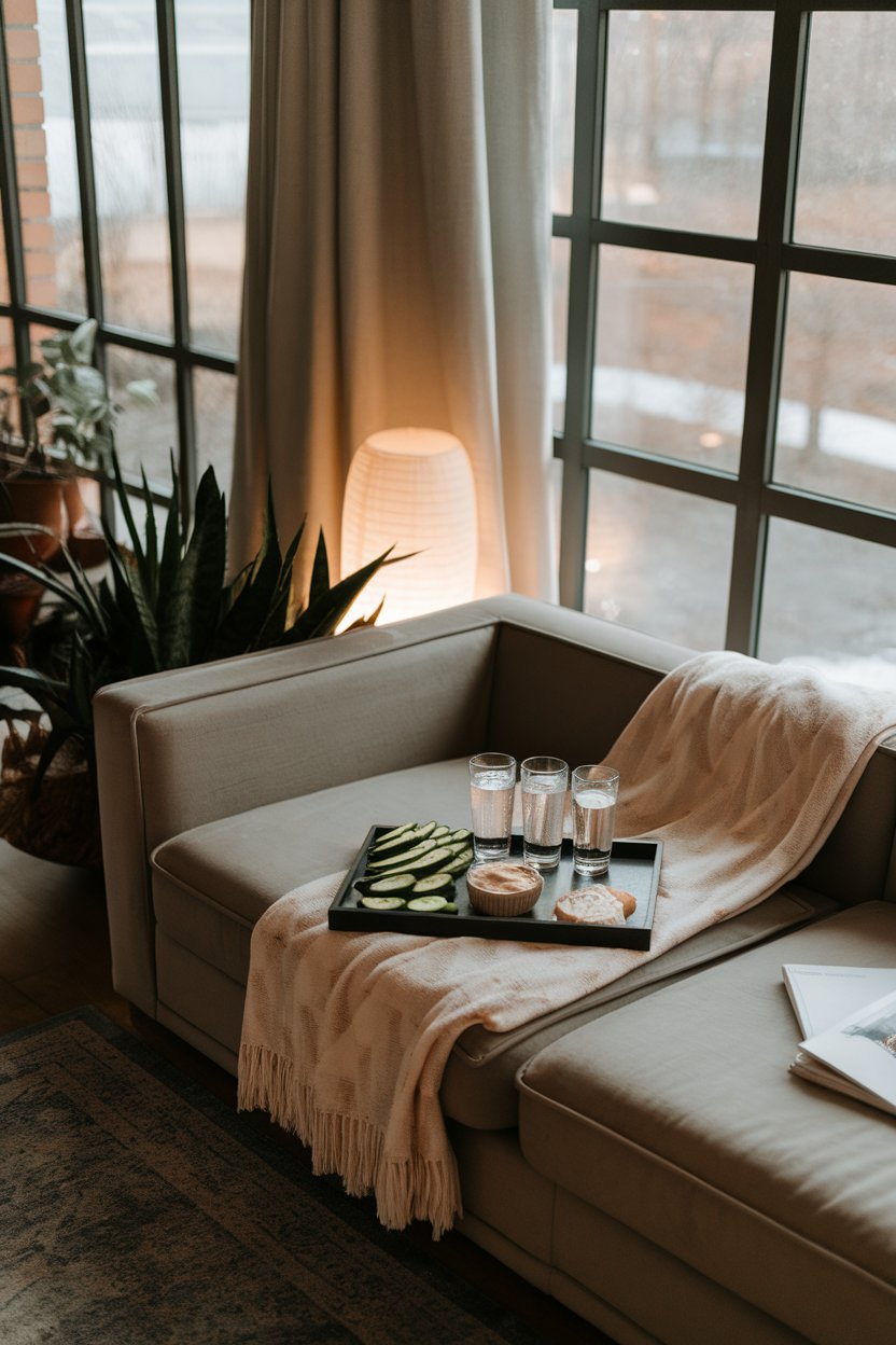 Photo of an indoor living room couch with a cozy throw and a tray holding sliced cucumbers, hummus, and sparkling water; gentle lamp light; no text or logos.