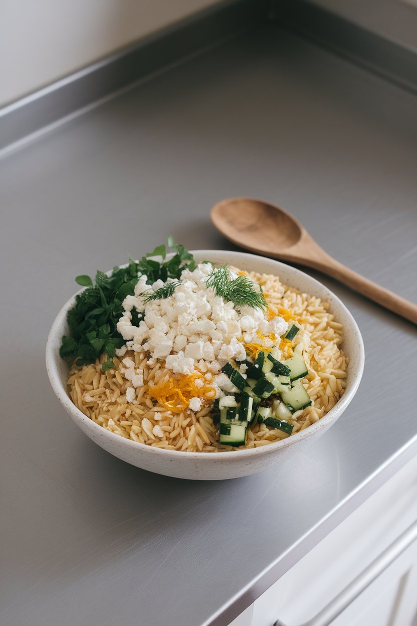 Indoor counter featuring a bowl of orzo pasta mixed with crumbled feta, chopped dill, parsley, cucumber, and lemon zest. Photo only, no text or logos.