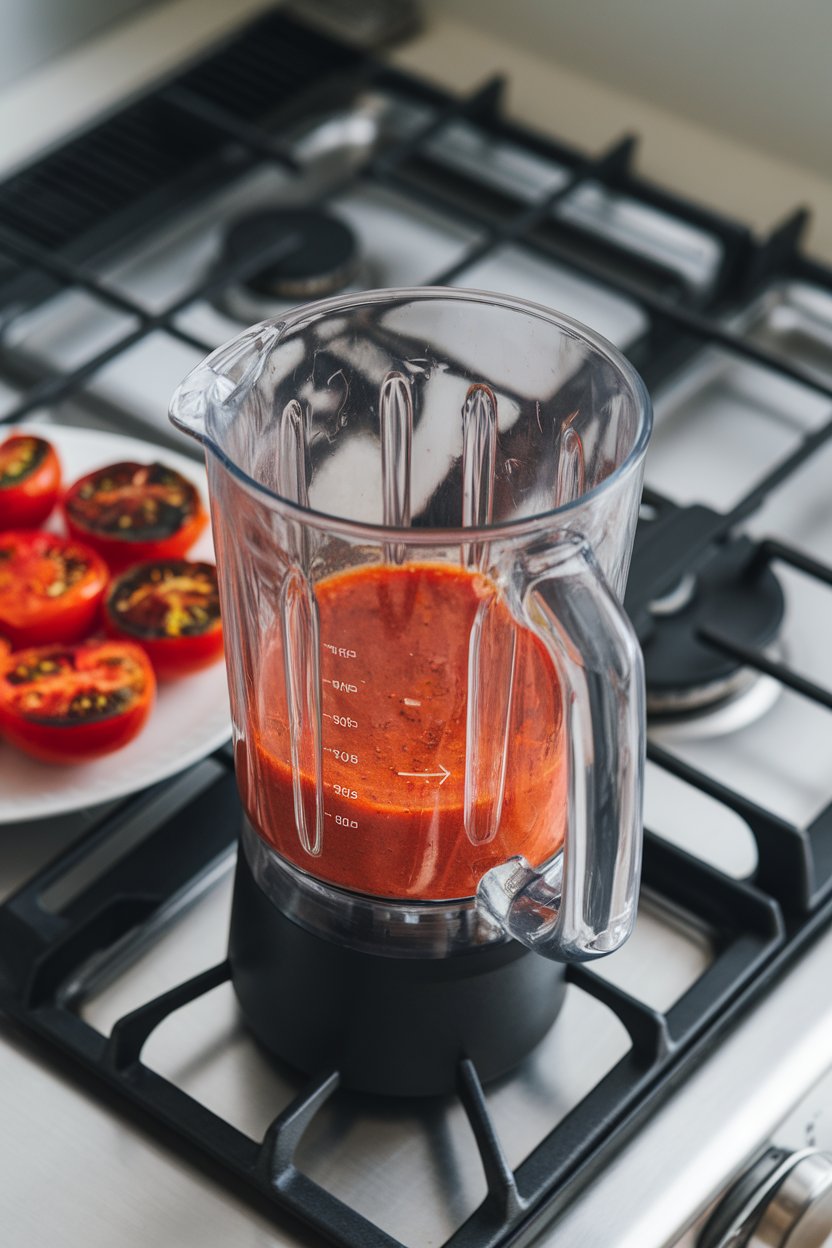 Indoor stovetop view of a blender carafe holding smoky red charred tomato dressing, roasted tomato halves cooling nearby. Photo, not illustration. No text or logos.