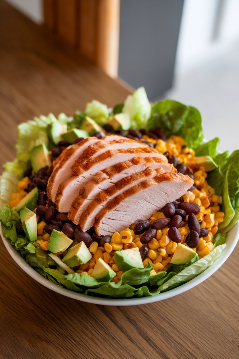 Photo of romaine topped with sliced turkey breast, black beans, roasted corn, and diced avocado indoors, no text or logos.