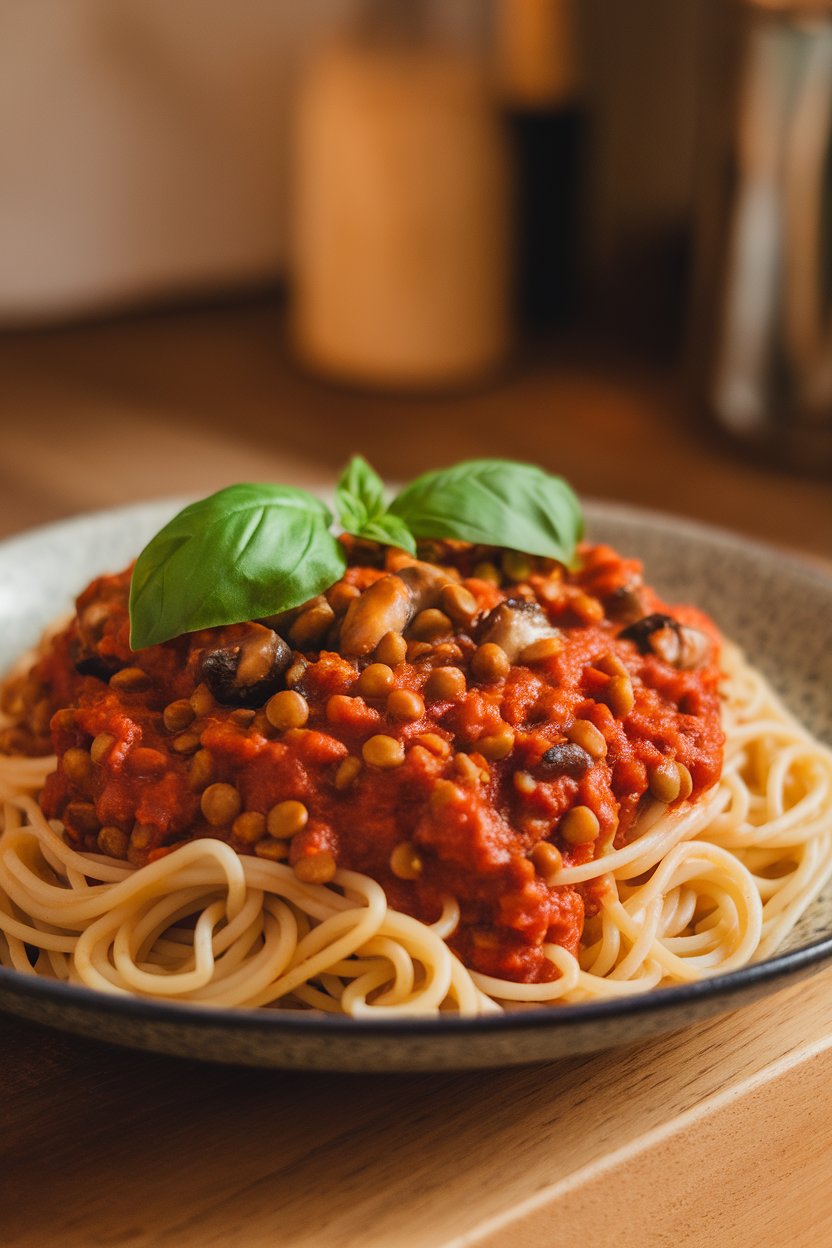 Photo of spaghetti noodles covered in a rich lentil and mushroom tomato sauce indoors; no text or logos on plate.