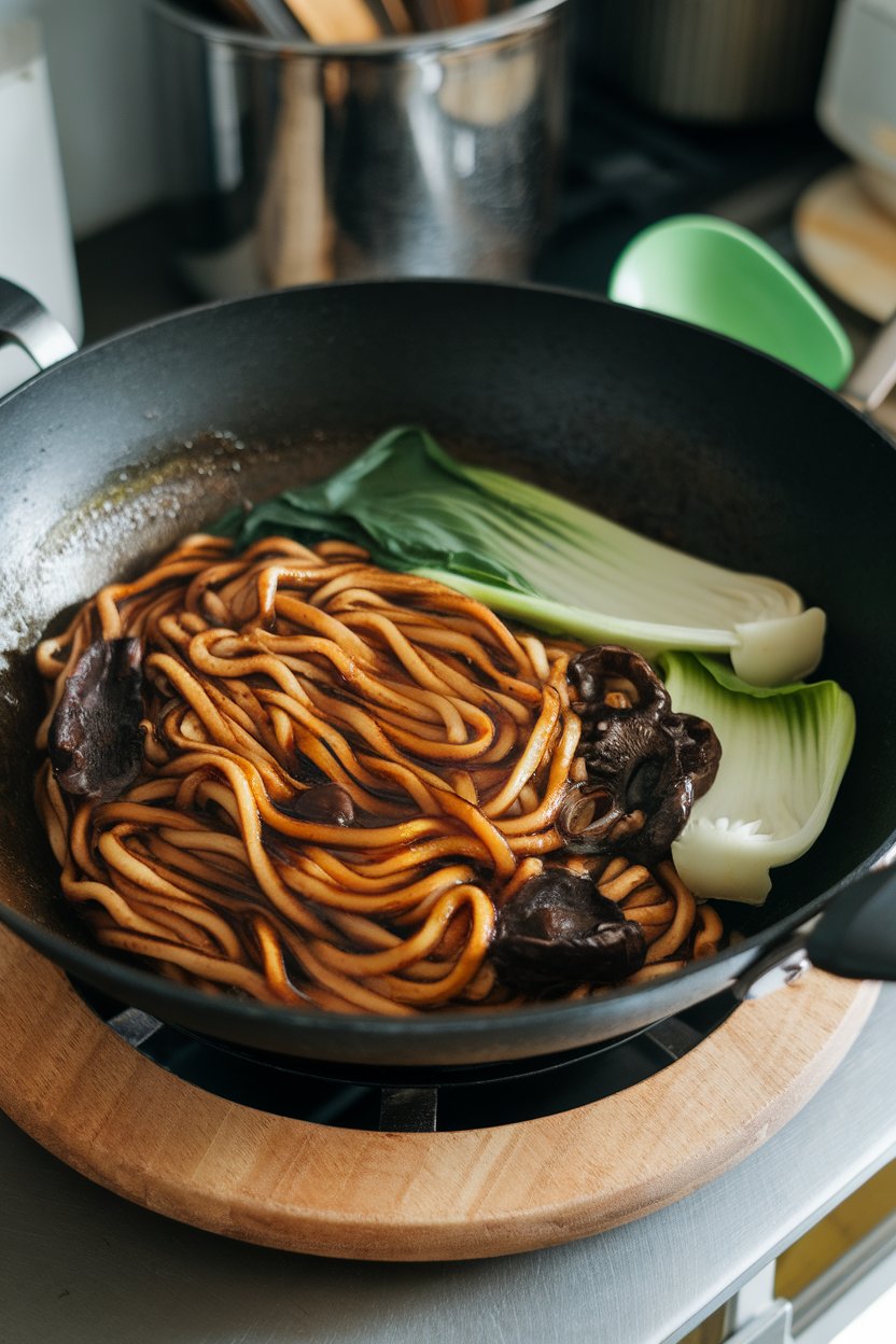 An indoor wok scene with thick udon noodles glistening in dark black-garlic sauce, shiitake mushrooms and bok choy mixed in. No text or logos; photo, not illustration.