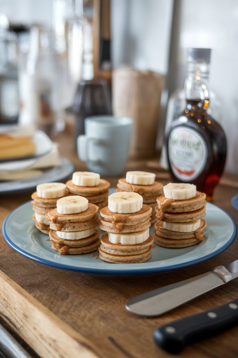 A plate on an indoor breakfast bar with mini whole-wheat pancakes stacked around peanut butter and banana slices, forming small sandwiches. Photo, no branding.