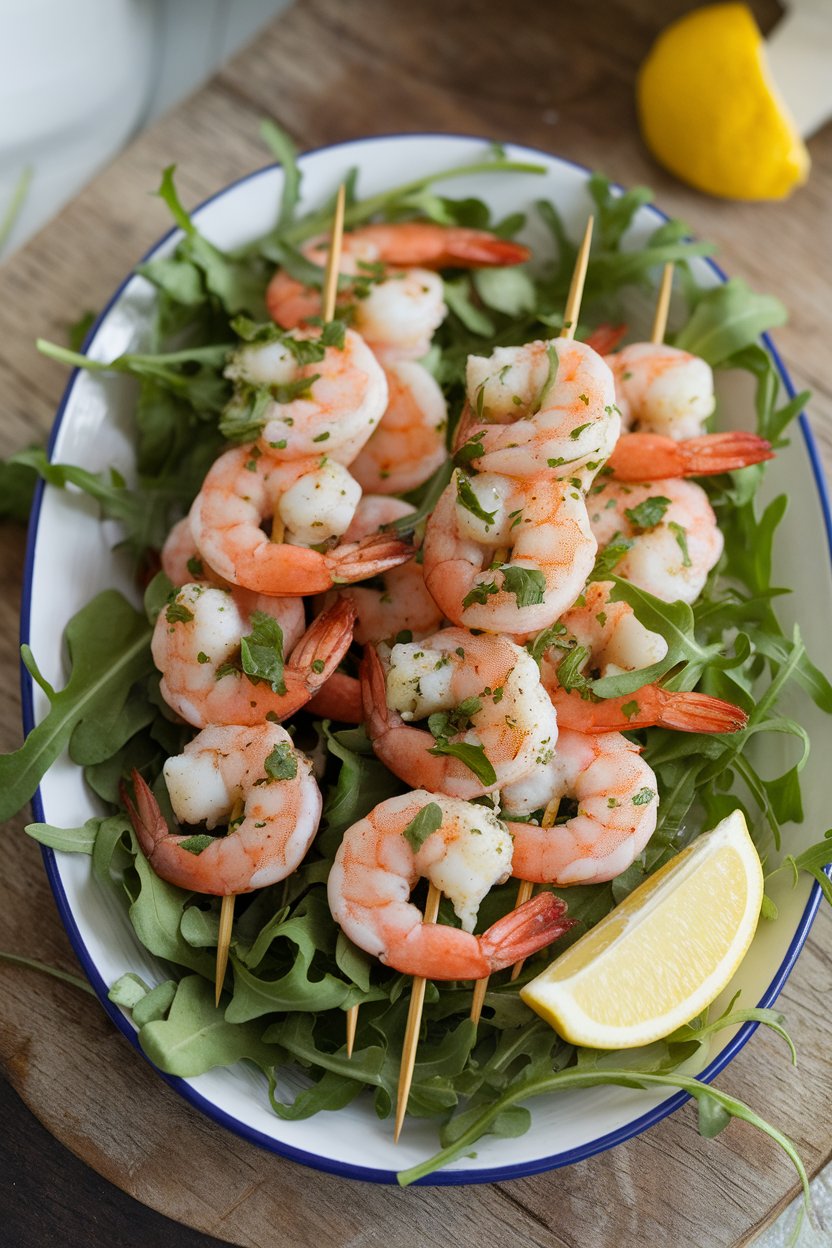A serving platter indoors showcasing cooked shrimp skewers brushed with lime zest and cilantro, no text or logos.