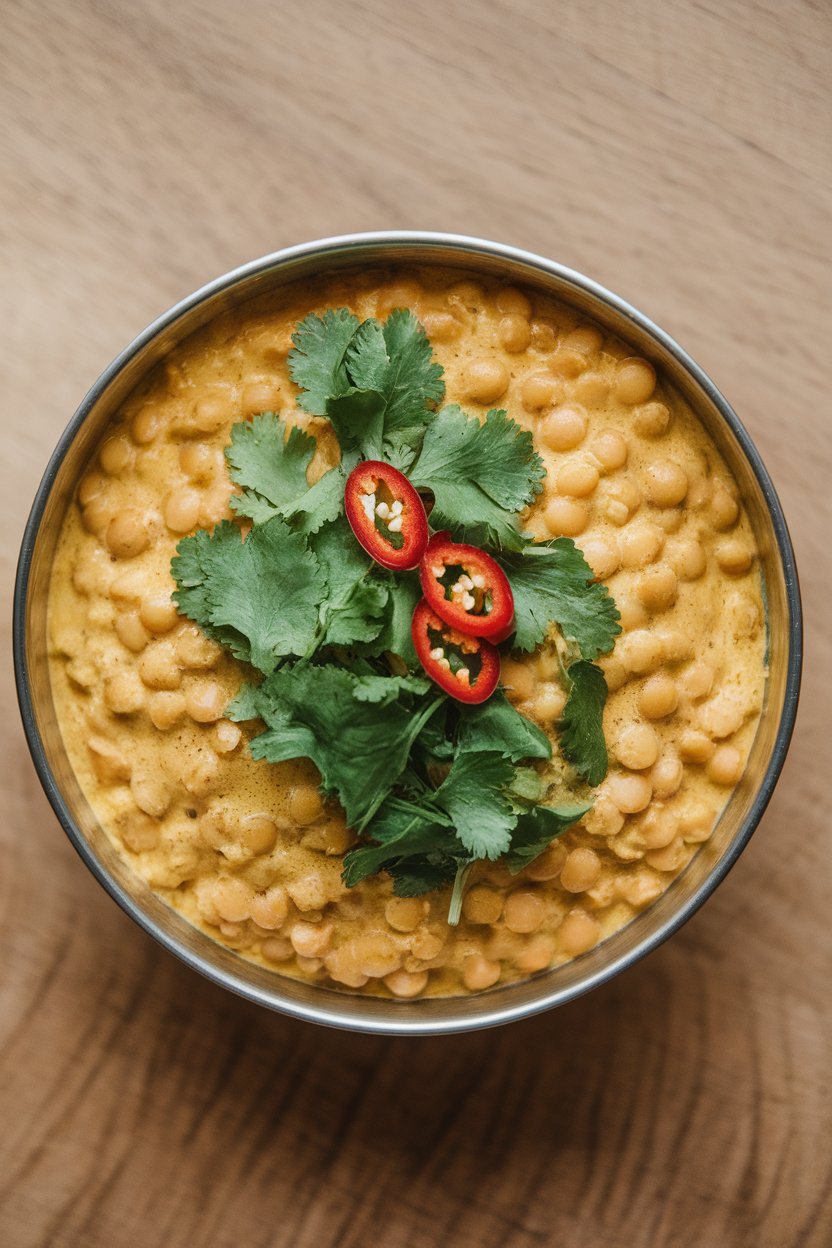 Indoor food photo of creamy golden lentil curry in a shallow bowl, sprinkled with fresh cilantro and red chili slices; overhead angle, no text or logos.