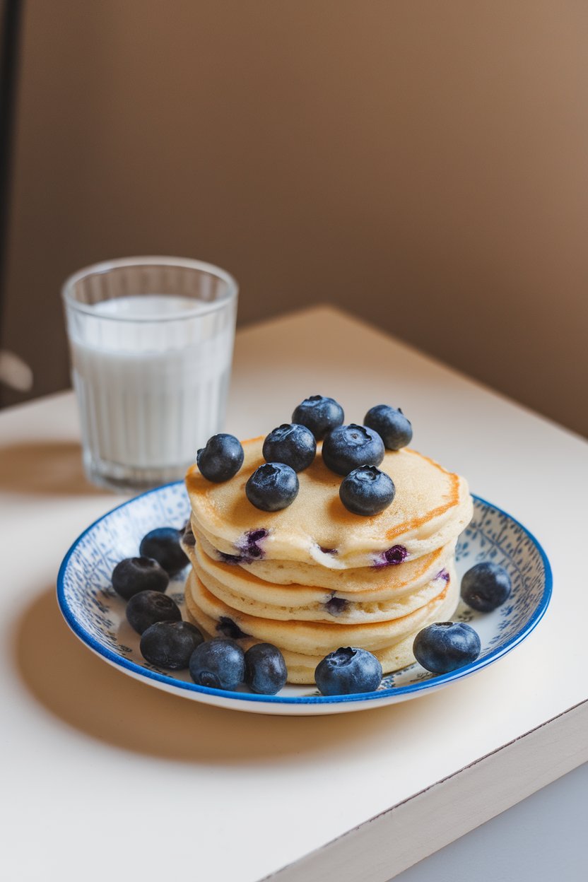 Indoor breakfast table with kefir pancakes studded with blueberries, small glass of kefir beside plate; no logos.