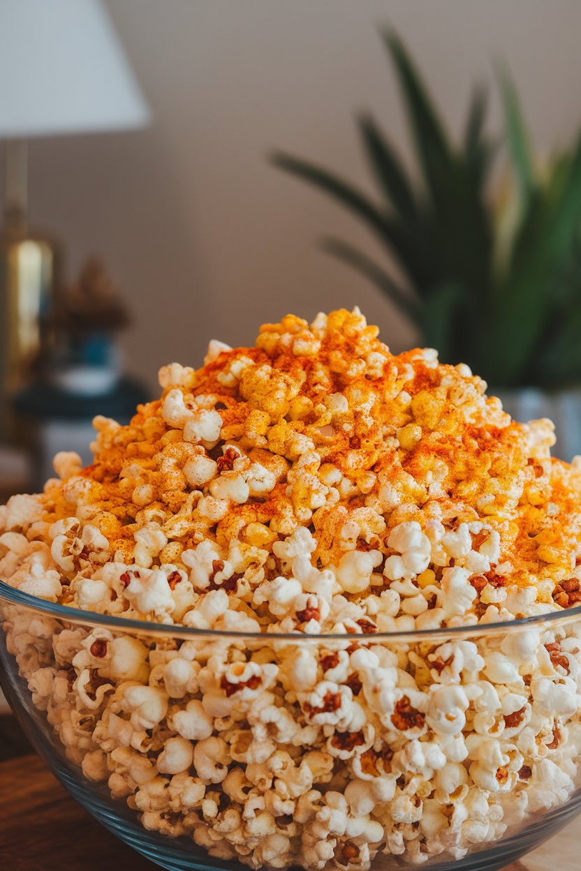 Photo — A large indoor bowl of air-popped popcorn sprinkled with paprika and nutritional yeast. No text or logos.