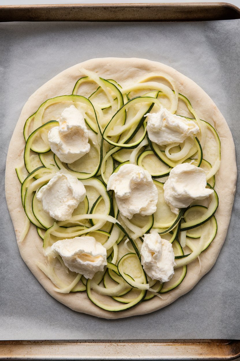 Indoor photo of classic dough pizza topped with long zucchini ribbons and dollops of ricotta on a parchment-lined tray, no text or logos