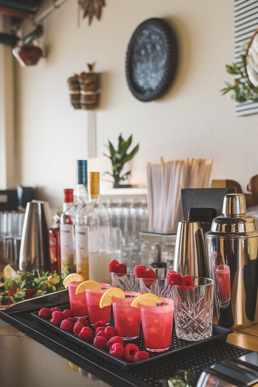 Photo of bright-pink lemon sugar-rimmed shots on an indoor back bar, raspberries perched beside glasses; no logos.