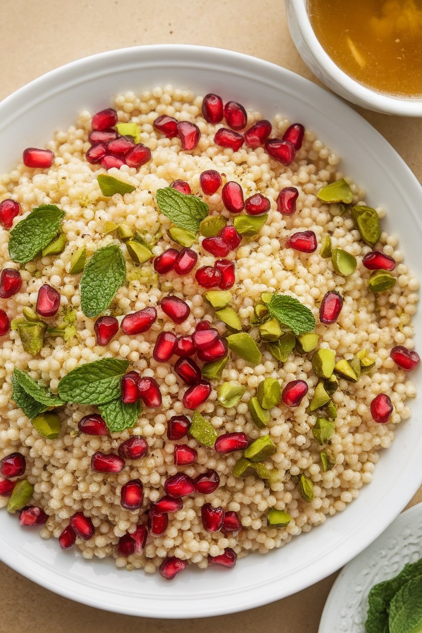 Indoor photo of pearl couscous mixed with pomegranate arils, chopped pistachios, and mint. No text or logos.