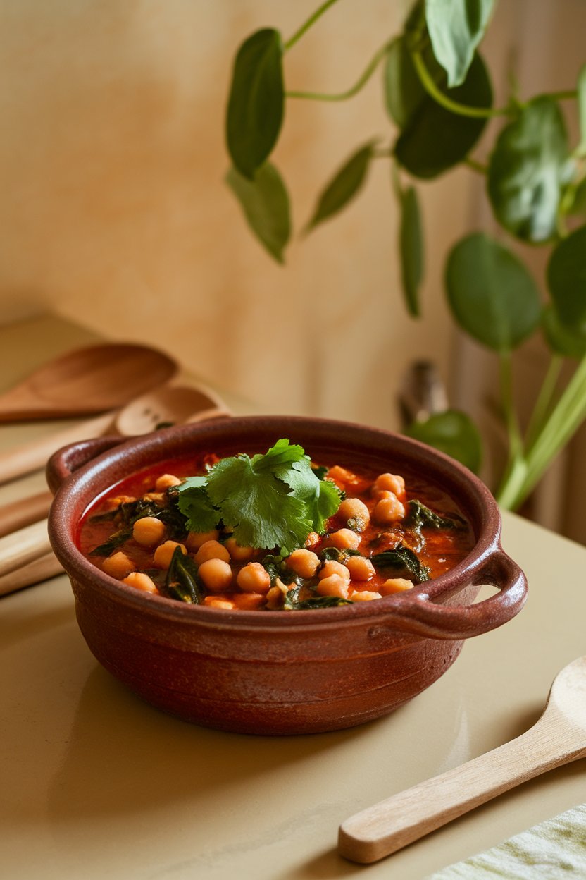 A warmly lit indoor kitchen table featuring a rustic ceramic bowl filled with deep-red chickpea and spinach stew, steam curling upward, topped with fresh cilantro. No text or logos; photo, not illustration.