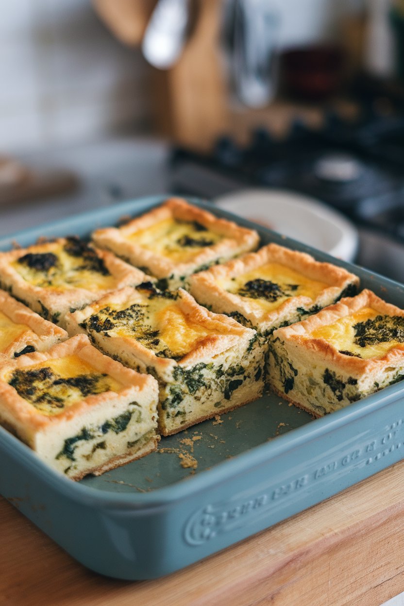 An indoor baking dish with sliced spinach and broccoli crustless quiche squares, golden edges, no logos visible.