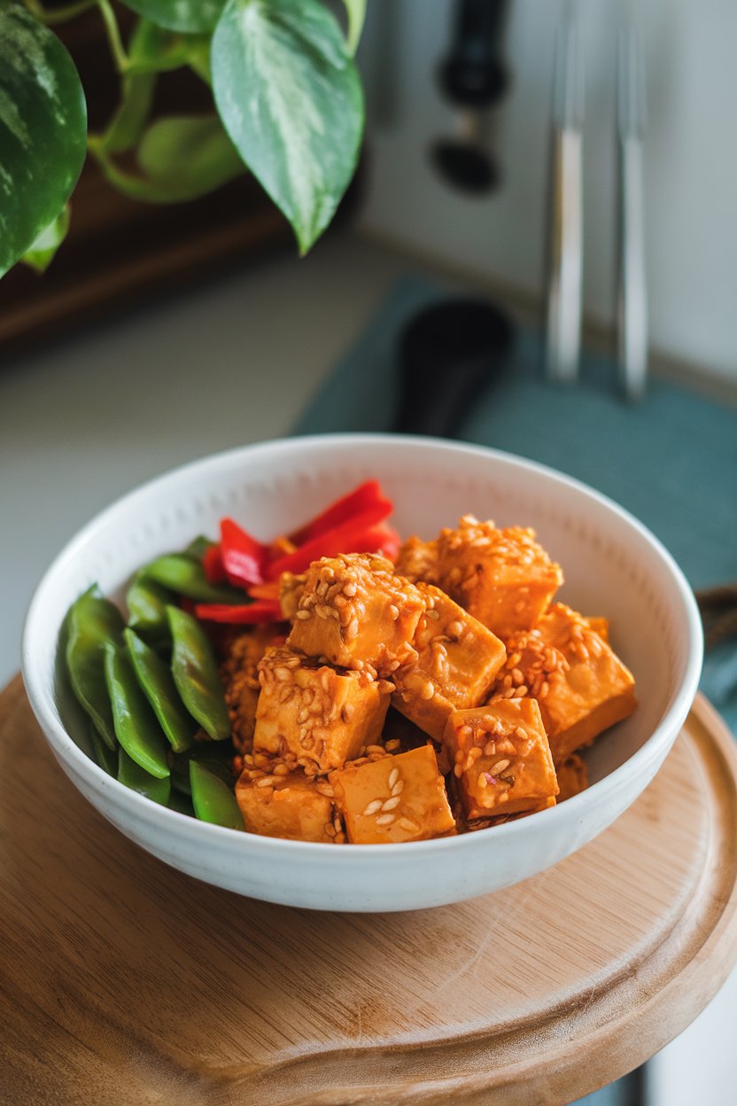 A white bowl on an indoor surface containing tofu cubes coated in orange-sesame glaze with snap peas and red bell pepper strips. No brand names showing.