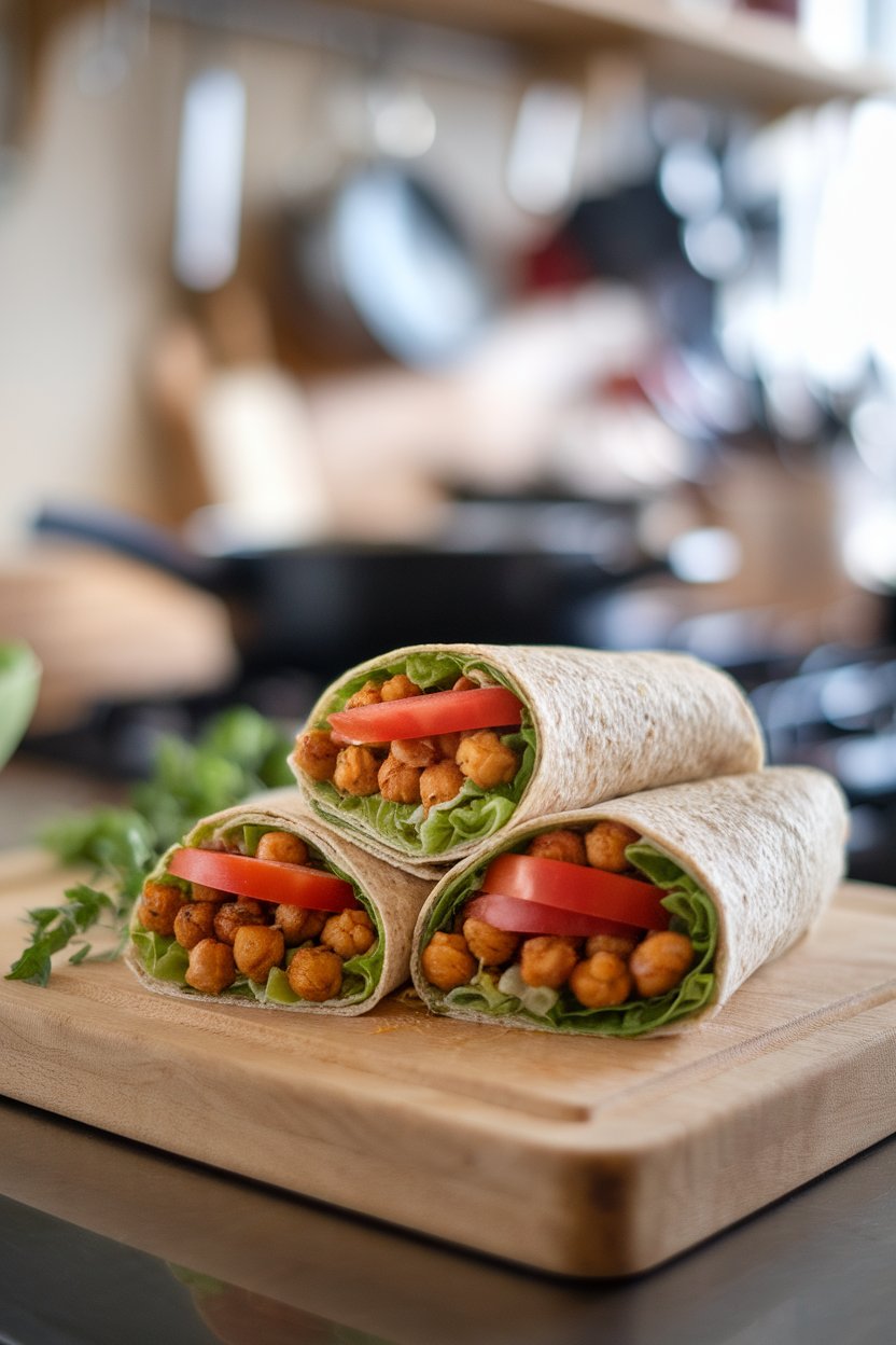 A wooden cutting board indoors showcasing folded whole-grain wraps filled with roasted chickpeas, shredded lettuce, and tomato slices. Photo, no branding.