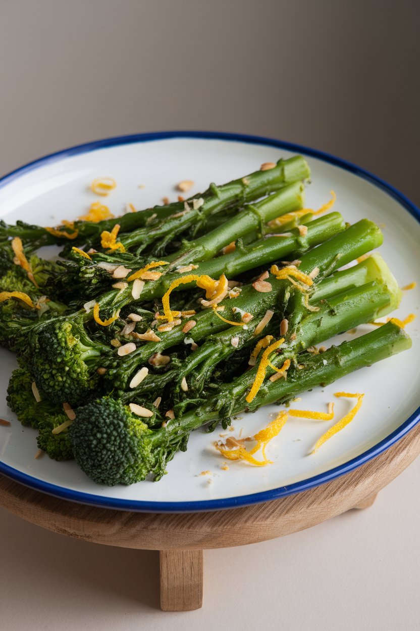Indoor photo of vibrant green broccolini spears on a serving plate, sprinkled with toasted almond slivers and lemon zest. No text or logos.