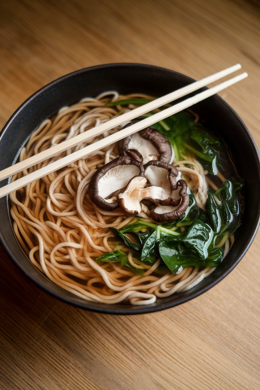 Indoor photo of a deep bowl filled with buckwheat soba noodles, shiitake mushrooms, and baby spinach in clear broth, chopsticks resting across. No text or logos.