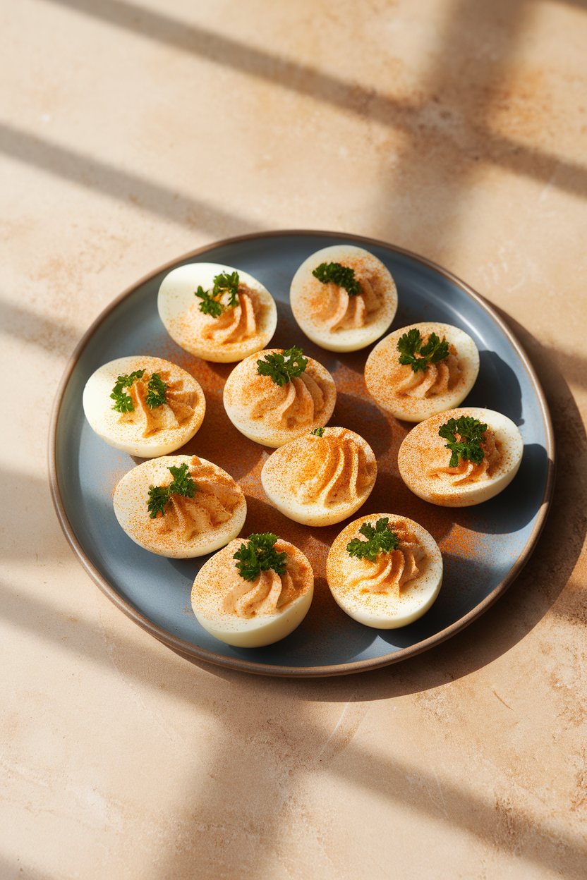 An indoor plate arranged with halved deviled eggs dusted with paprika, parsley garnish, no logos or text. Photo.