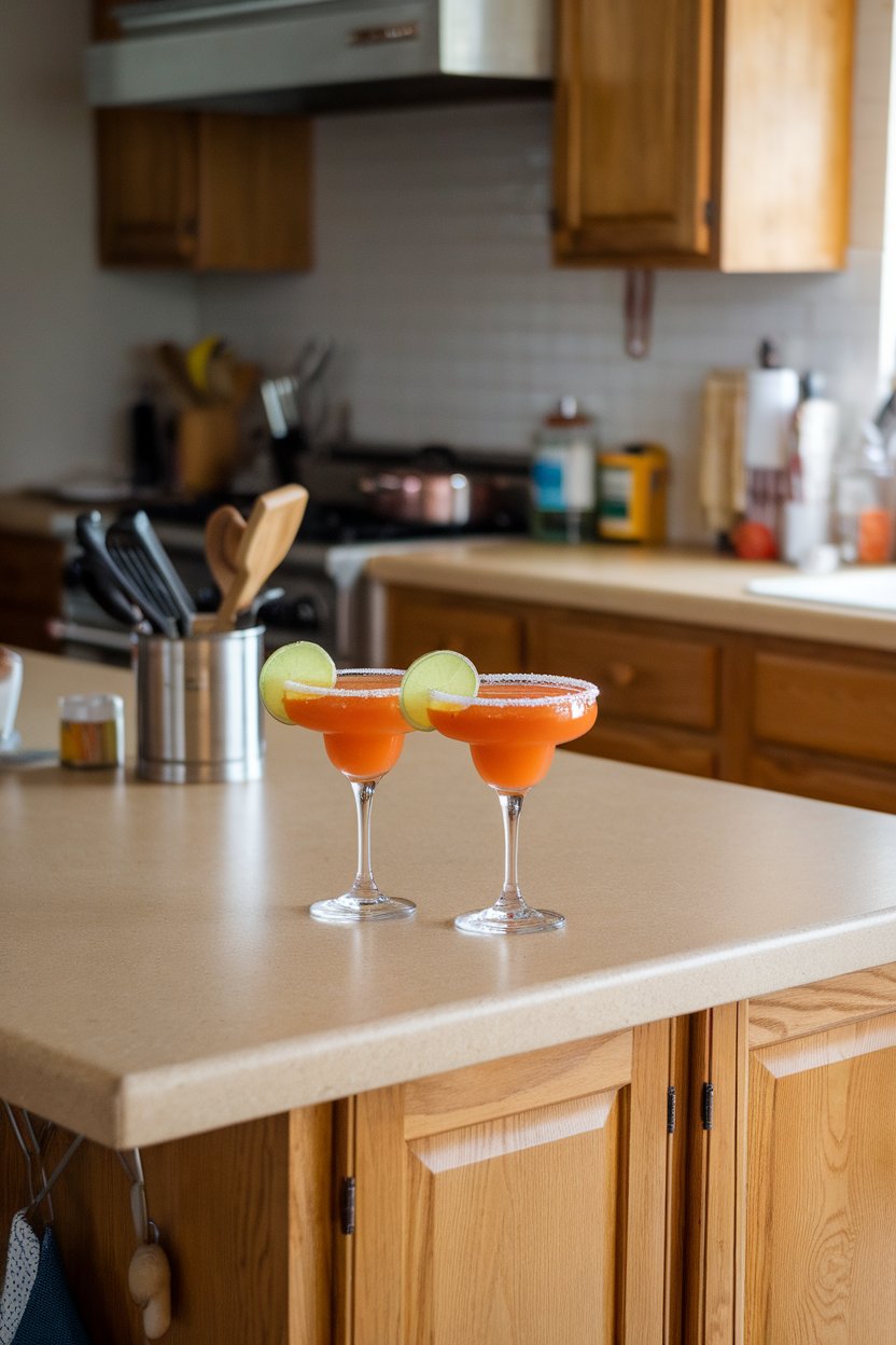 Indoor kitchen island, coupe of bright orange margarita, thin ginger coin garnish; no logos.