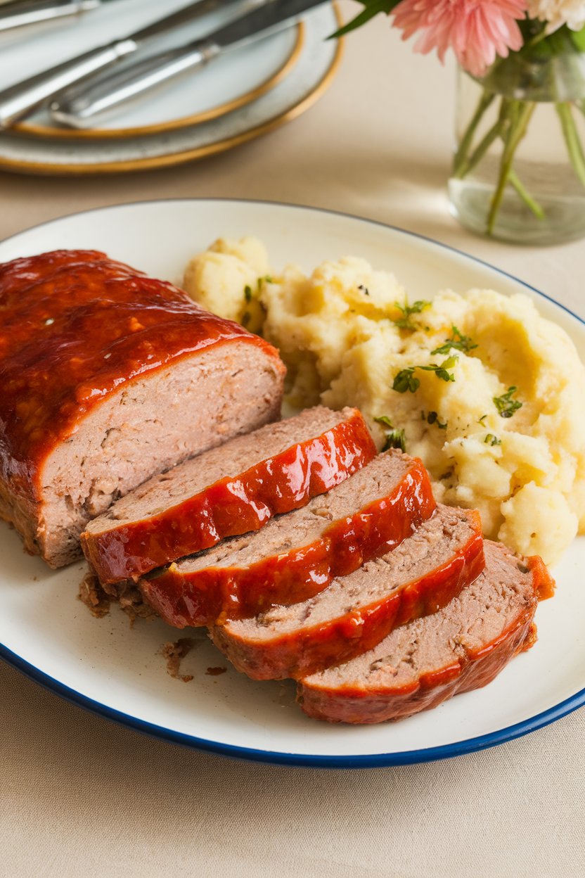 Indoor platter of sliced turkey meatloaf topped with glossy sweet chili glaze, mashed cauliflower side. No logos or text.