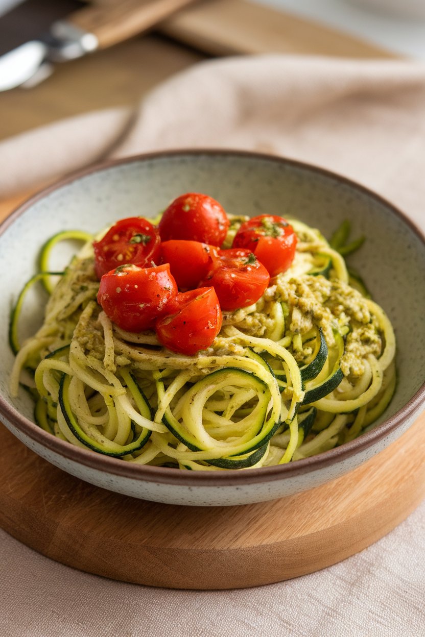 Indoor photo of a shallow bowl piled with cooked zucchini noodles tossed in green basil pesto and topped with cherry tomatoes; no text or logos.