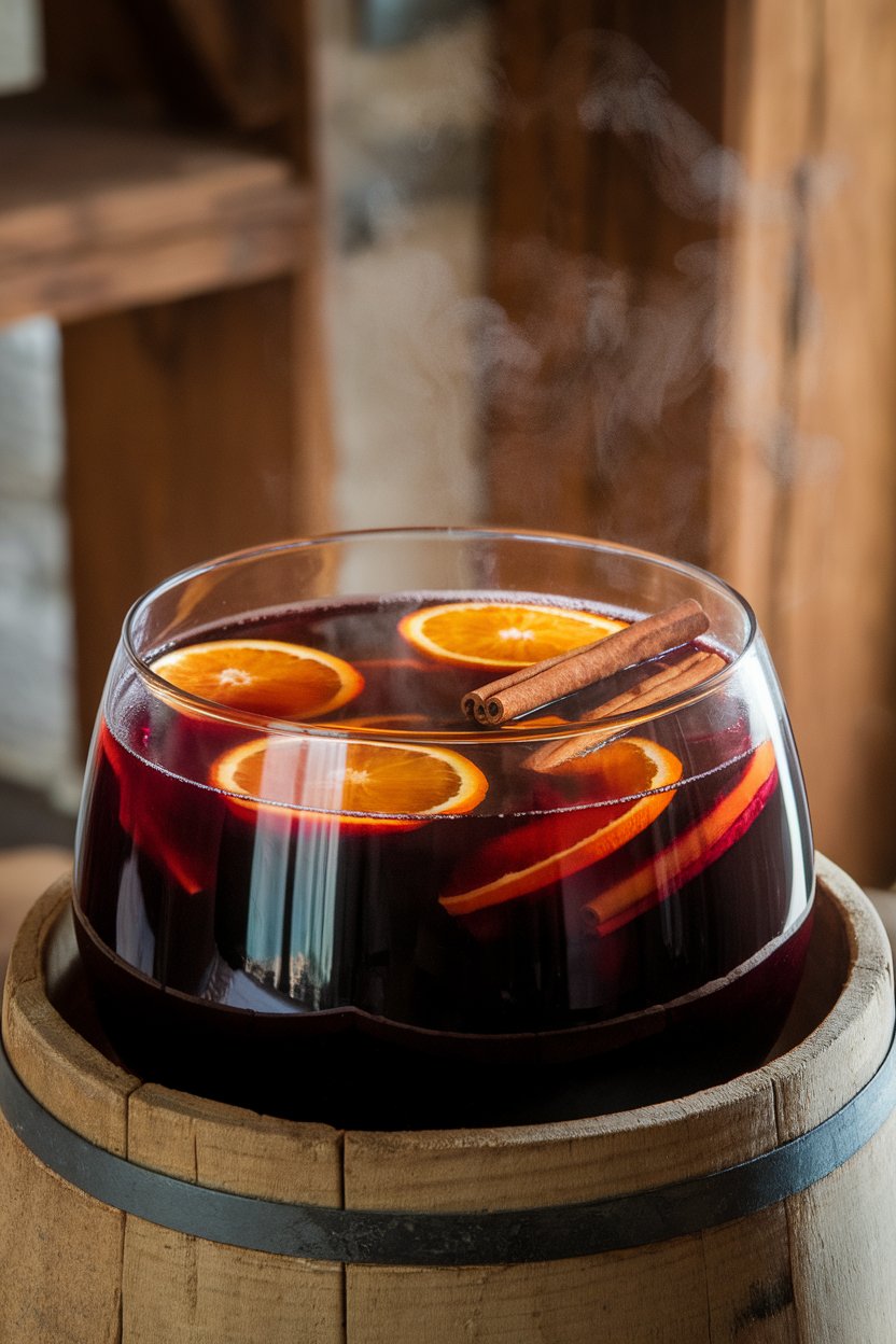 Indoor punch bowl of deep red mulled wine with floating orange slices and cinnamon sticks, steam visible. No text or logos. Photo only.