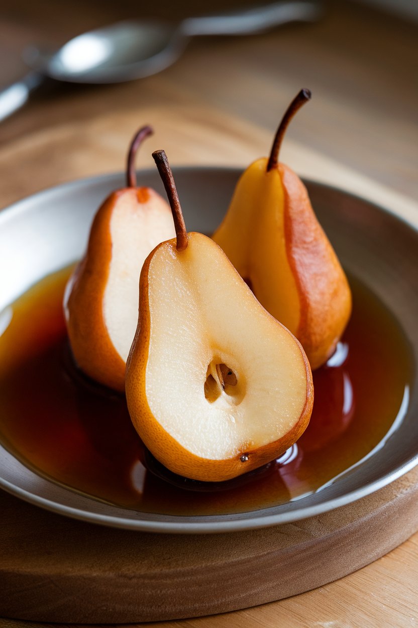 Indoor photo of halved pears simmered in maple syrup, served in their reduced sauce on a shallow plate. No text or logos.