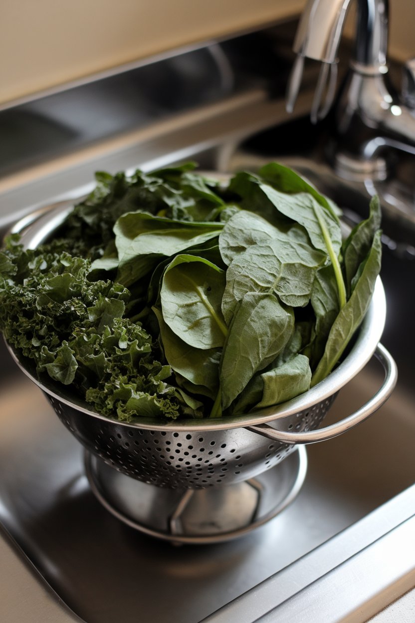 A colander of freshly washed spinach and kale sitting in an indoor sink under soft lighting, no text or logos, photo only