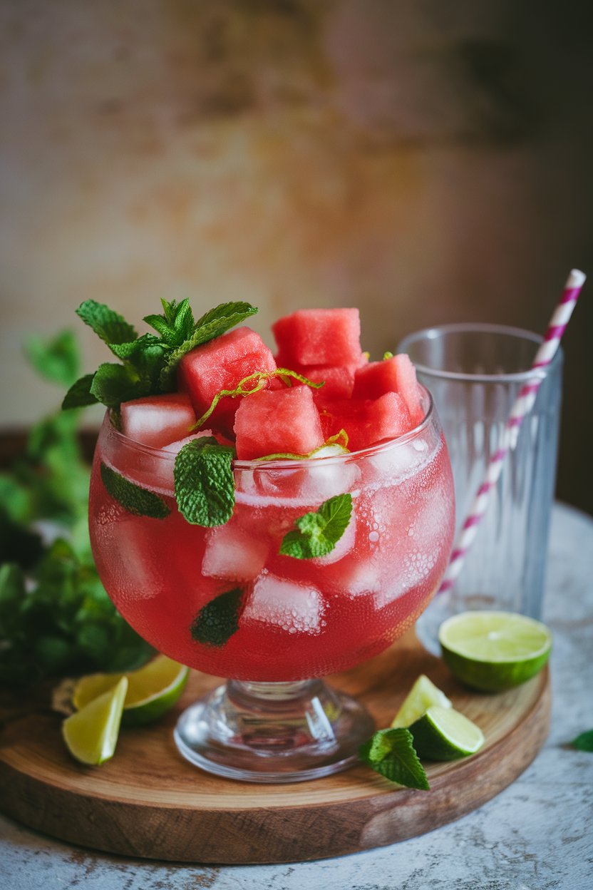 Indoor serving bowl photo of cubed watermelon tossed with fresh mint leaves and lime zest, chilled glass nearby. No text or logos.