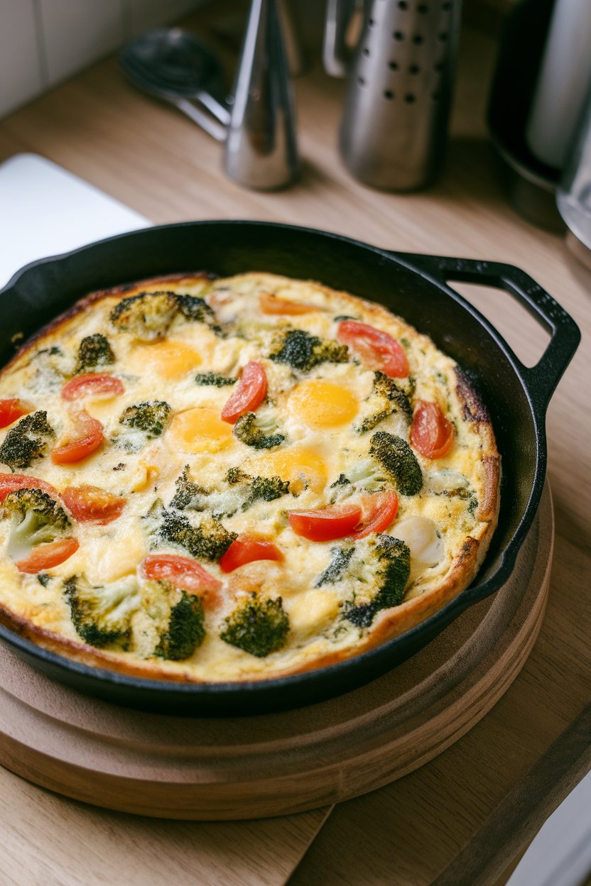 Indoor photo of a cast-iron skillet frittata studded with broccoli, tomatoes, and onions; stovetop light, no text or logos