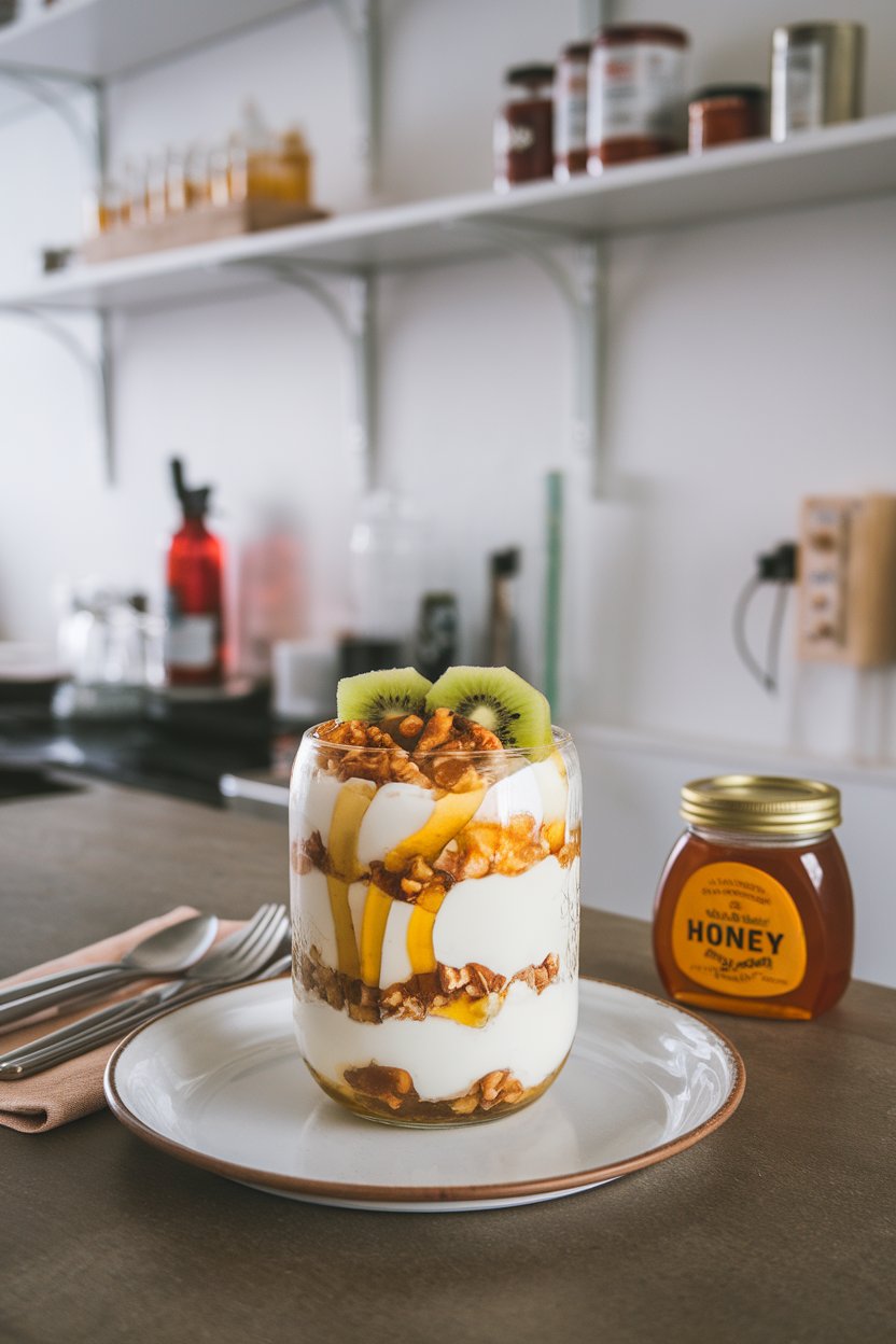 Photo of a clear glass parfait jar layered with thick Greek yogurt, golden honey drizzle, toasted walnuts, and sliced kiwi, set on an indoor countertop. No text or logos anywhere.