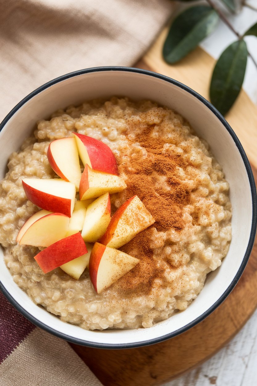 An indoor breakfast bowl with warm quinoa porridge topped with diced apples and cinnamon, photo, no text or logos.