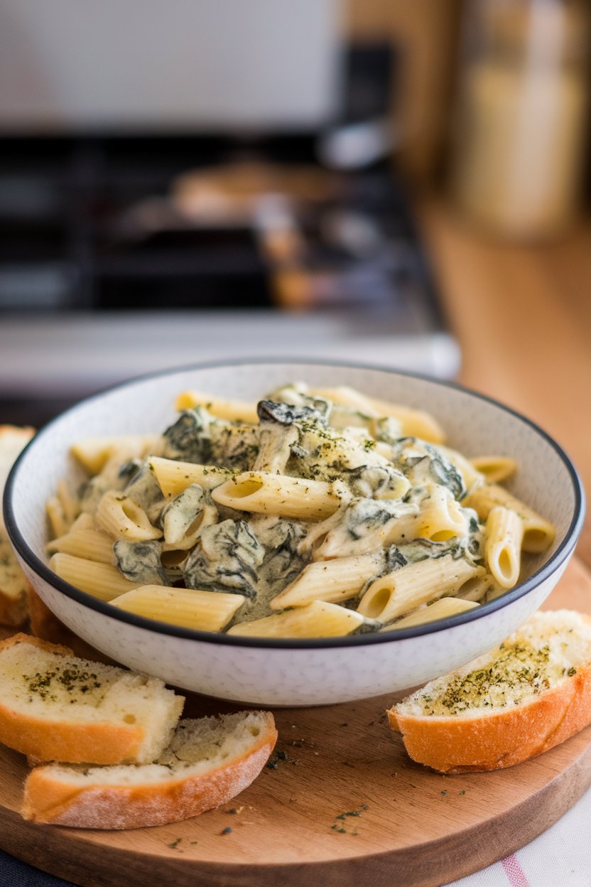 Indoor bowl of penne coated in creamy spinach-artichoke sauce with grated Parmesan raining over the top. Photo only, no text or logos.