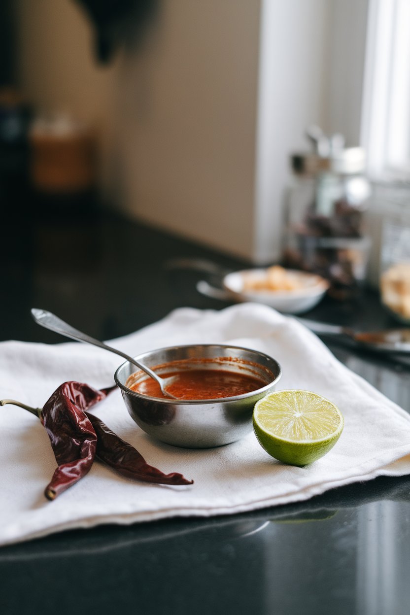 Indoor counter featuring a small metal bowl of smoky chipotle lime dressing, dried chipotle peppers and a lime cut in half. Photo, not illustration. No text or logos.