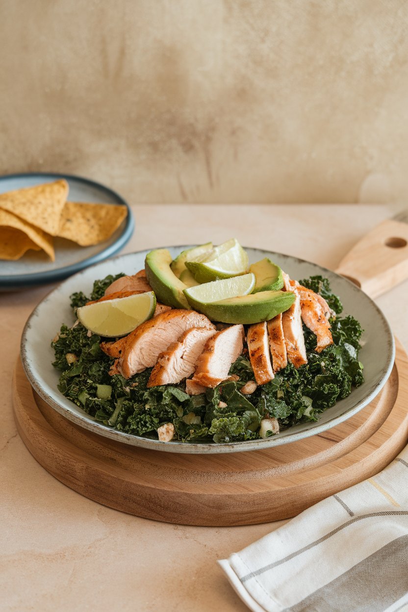 Photo of chopped kale topped with sliced grilled chicken, avocado, and lime wedges indoors, no text or logos.
