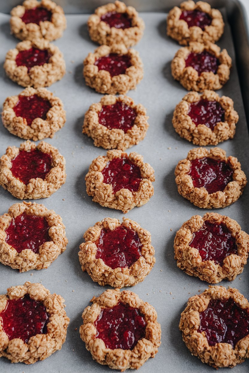 Indoor cookie sheet with oat thumbprint cookies filled with bright red chia jam. No text or logos.