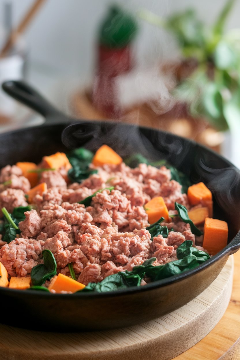 Indoor photo of a cast-iron skillet filled with ground turkey, cubed sweet potatoes, and wilted spinach, steam gently rising. No visible text or logos.