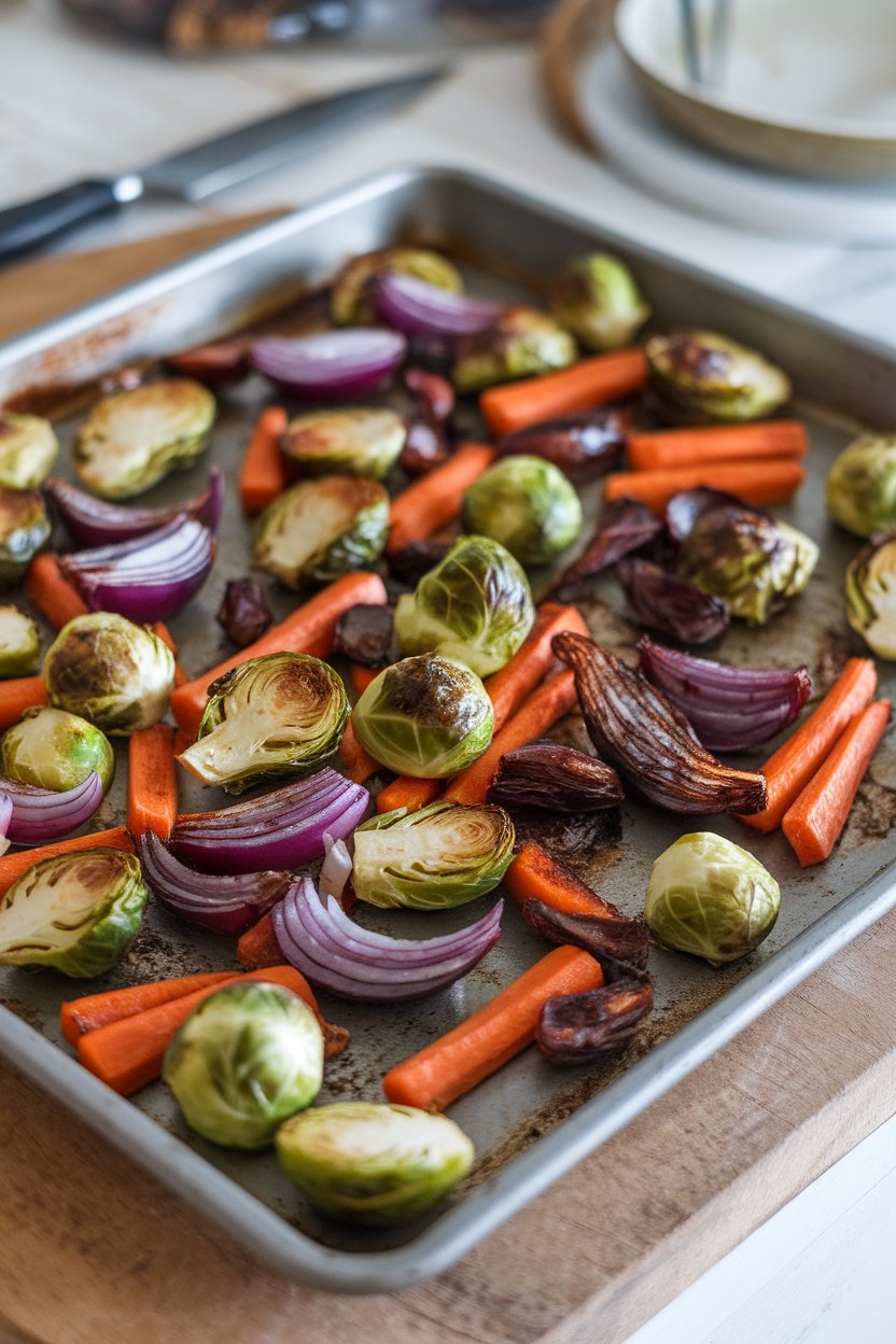 Photo — A sheet pan indoors loaded with roasted Brussels sprouts, carrots, and red onions caramelized to golden edges. No text or logos.