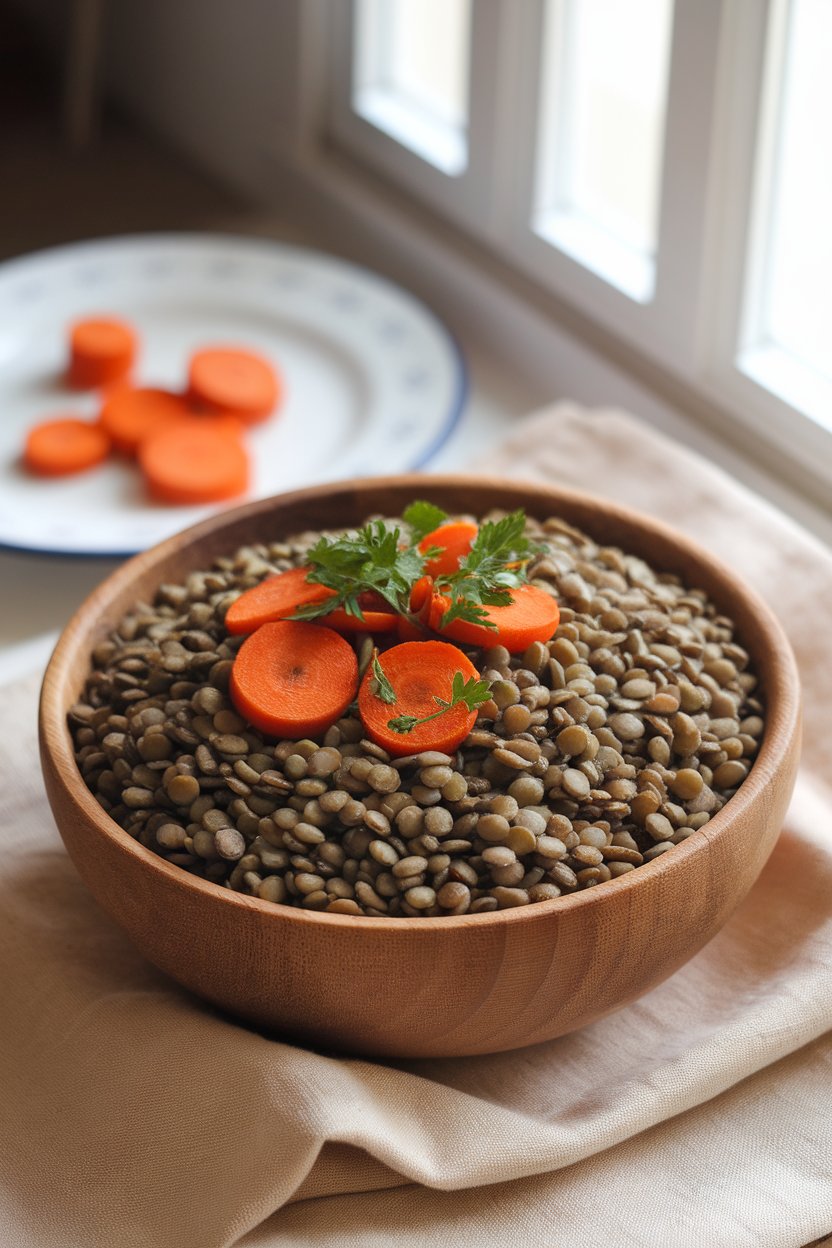 Photo of French green lentils topped with roasted carrot coins and parsley, indoors, no text or logos.