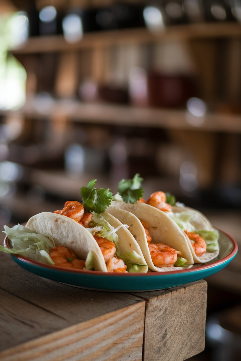 Indoor plate of soft tortillas filled with chili lime shrimp, cabbage, and fresh cilantro. No text or branding.