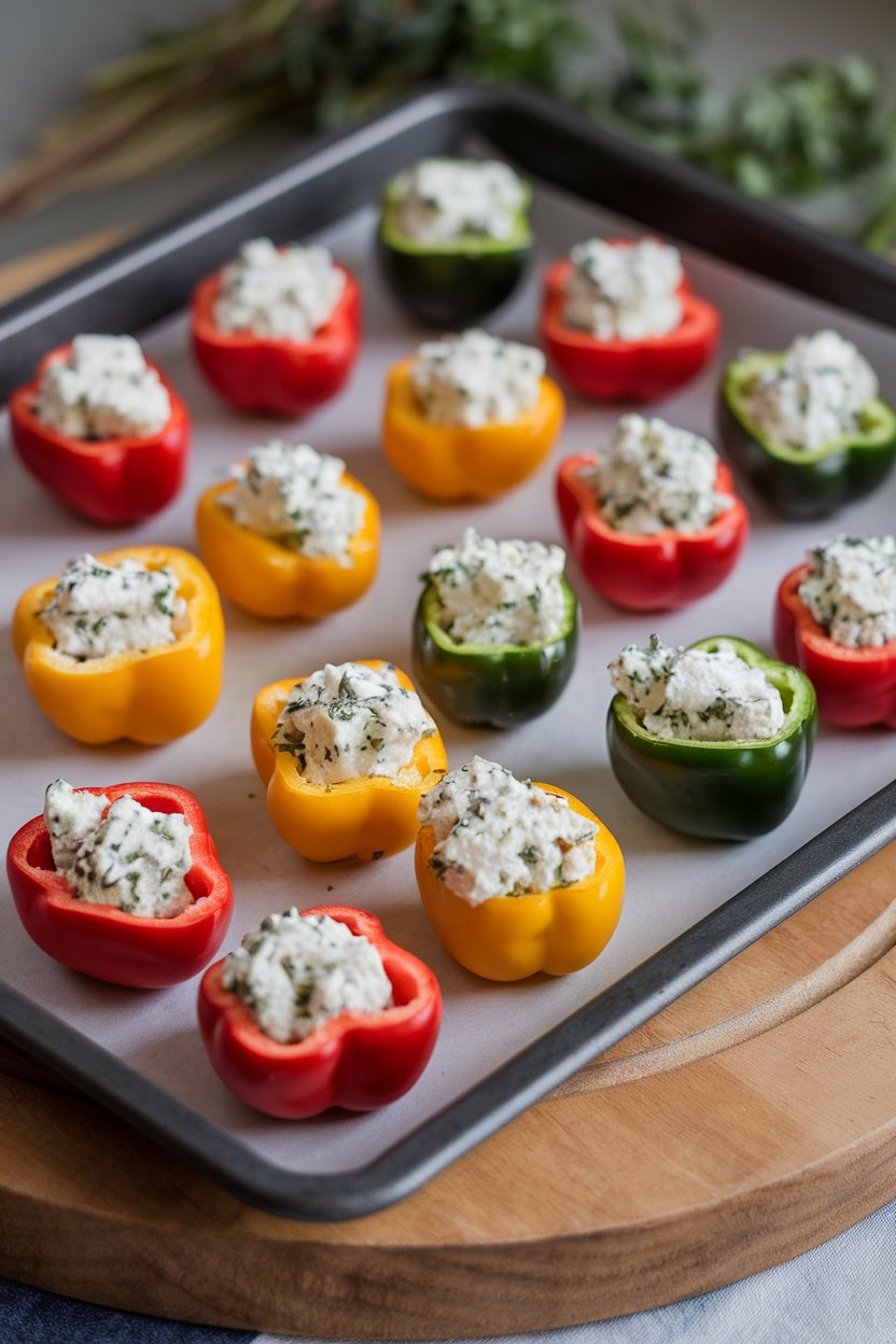 Colorful mini bell peppers halved and filled with herbed feta mixture on an indoor baking tray. No text or logos. Photo.