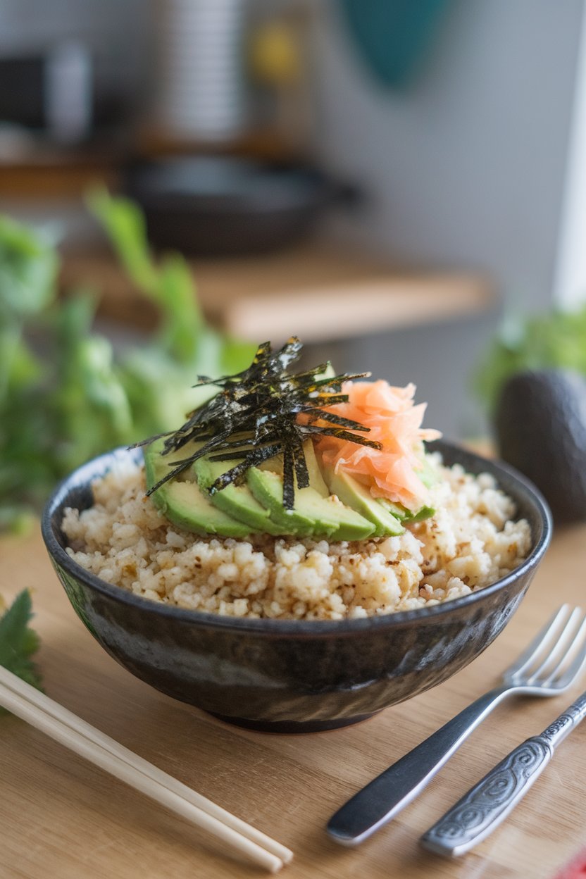 An indoor bowl featuring seasoned cauliflower rice topped with avocado, nori strips, and pickled ginger; photo only, no text or logos.