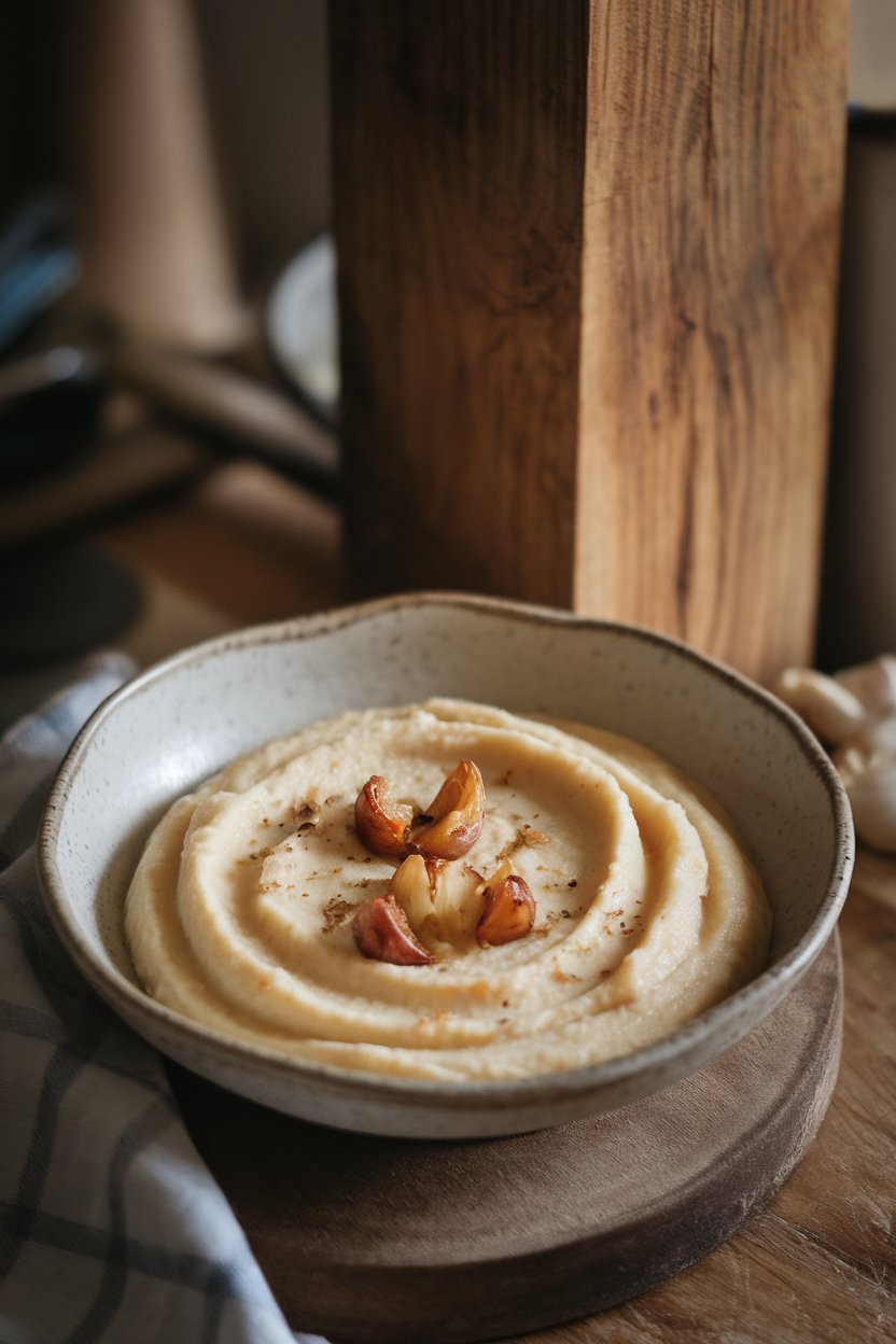 A shallow white bowl indoors of smooth parsnip purée dotted with roasted garlic cloves; no text or logos, photo only