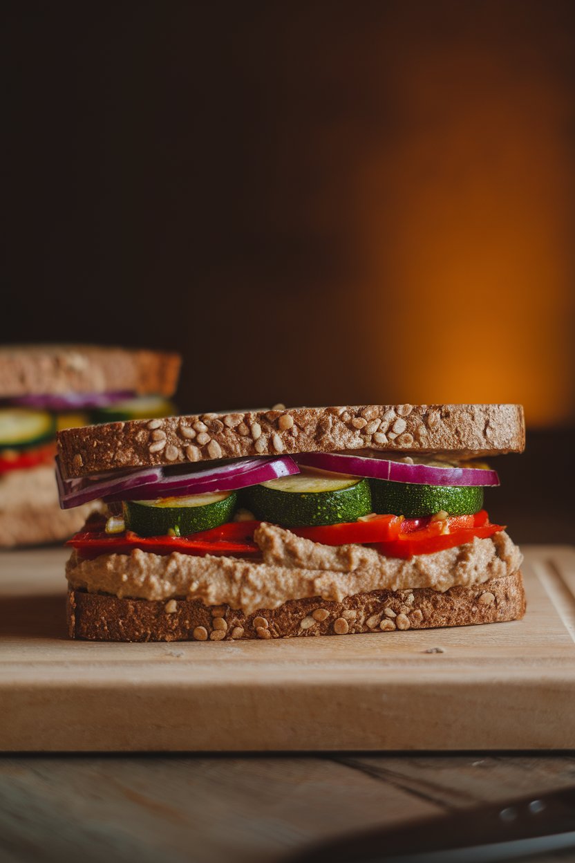 An indoor cutting board with a sliced whole-grain sandwich stuffed with roasted zucchini, red onion, bell pepper, and hummus spread, warm soft lighting, no text or logos.