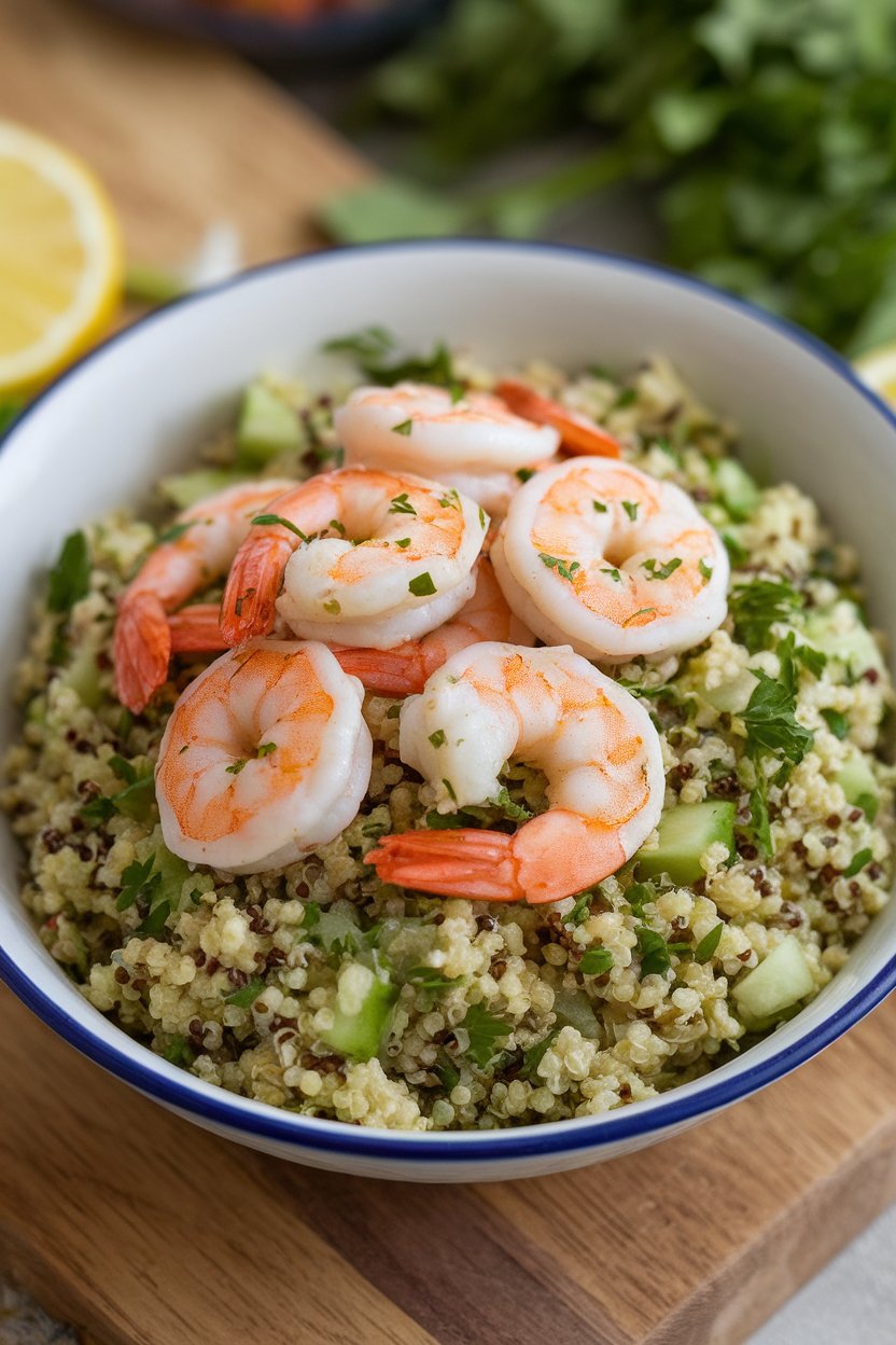 Indoor bowl of cooling quinoa tabbouleh topped with cooked garlic-lemon shrimp; parsley and diced cucumber visible; photo, no text or logos.