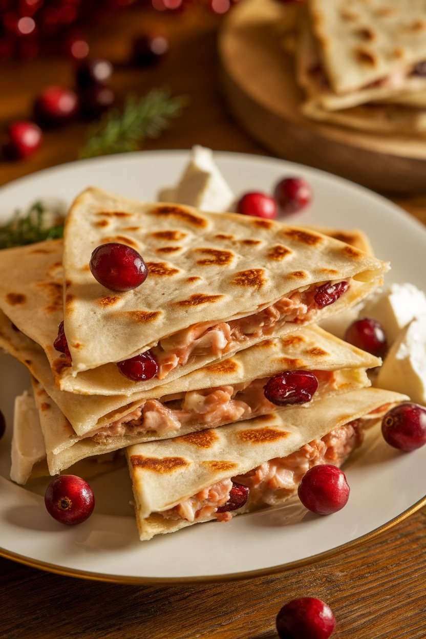 Indoor festive plate, turkey cranberry goat cheese quesadilla wedges, photo, no text or logos.
