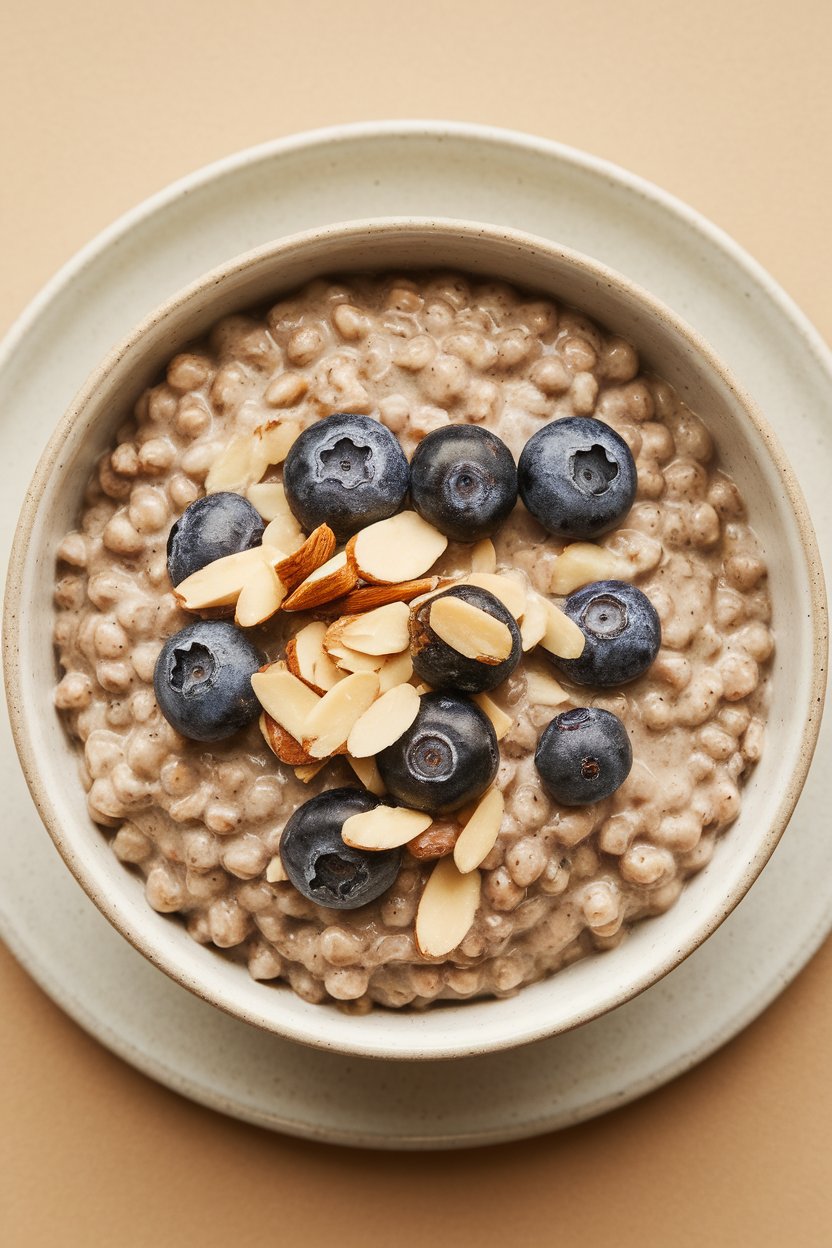 Indoor photo of a bowl of creamy buckwheat groats topped with sliced almonds and blueberries, no text or logos