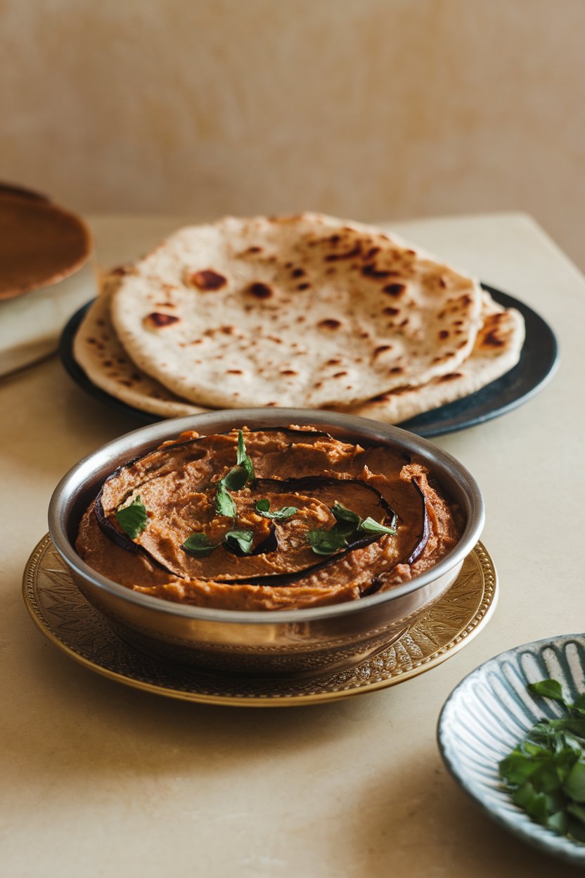 An indoor dinner table displaying a bowl of smoky mashed roasted eggplant bharta alongside steaming whole-wheat phulkas. No text or logos. Photo, not illustration.